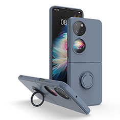 Silikon Hülle Handyhülle und Kunststoff Schutzhülle Hartschalen Tasche mit Magnetisch Fingerring Ständer QW1 für Huawei P60 Pocket Lavendel Grau