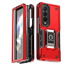 Silikon Hülle Handyhülle und Kunststoff Schutzhülle Hartschalen Tasche mit Magnetisch Fingerring Ständer QW1 für Samsung Galaxy Z Fold3 5G Rot