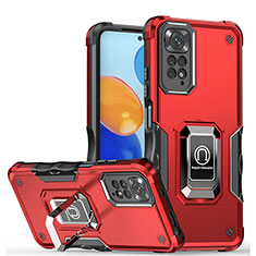 Silikon Hülle Handyhülle und Kunststoff Schutzhülle Hartschalen Tasche mit Magnetisch Fingerring Ständer QW1 für Xiaomi Redmi Note 11 Pro 5G Rot