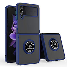 Silikon Hülle Handyhülle und Kunststoff Schutzhülle Hartschalen Tasche mit Magnetisch Fingerring Ständer QW3 für Samsung Galaxy Z Flip4 5G Blau
