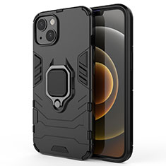Silikon Hülle Handyhülle und Kunststoff Schutzhülle Hartschalen Tasche mit Magnetisch Fingerring Ständer S01 für Apple iPhone 14 Schwarz
