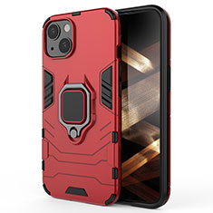 Silikon Hülle Handyhülle und Kunststoff Schutzhülle Hartschalen Tasche mit Magnetisch Fingerring Ständer S01 für Apple iPhone 15 Plus Rot