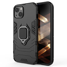 Silikon Hülle Handyhülle und Kunststoff Schutzhülle Hartschalen Tasche mit Magnetisch Fingerring Ständer S01 für Apple iPhone 15 Plus Schwarz