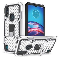 Silikon Hülle Handyhülle und Kunststoff Schutzhülle Hartschalen Tasche mit Magnetisch Fingerring Ständer S01 für Motorola Moto E6s (2020) Silber