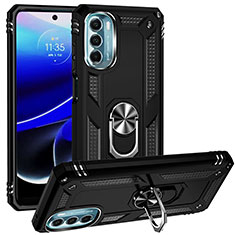 Silikon Hülle Handyhülle und Kunststoff Schutzhülle Hartschalen Tasche mit Magnetisch Fingerring Ständer S01 für Motorola Moto G 5G (2022) Schwarz