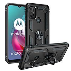 Silikon Hülle Handyhülle und Kunststoff Schutzhülle Hartschalen Tasche mit Magnetisch Fingerring Ständer S01 für Motorola Moto G10 Power Schwarz
