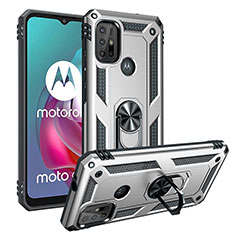 Silikon Hülle Handyhülle und Kunststoff Schutzhülle Hartschalen Tasche mit Magnetisch Fingerring Ständer S01 für Motorola Moto G10 Power Silber