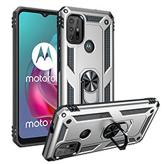 Silikon Hülle Handyhülle und Kunststoff Schutzhülle Hartschalen Tasche mit Magnetisch Fingerring Ständer S01 für Motorola Moto G10 Silber