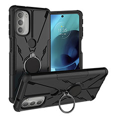 Silikon Hülle Handyhülle und Kunststoff Schutzhülle Hartschalen Tasche mit Magnetisch Fingerring Ständer S01 für Motorola Moto G51 5G Schwarz