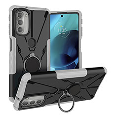 Silikon Hülle Handyhülle und Kunststoff Schutzhülle Hartschalen Tasche mit Magnetisch Fingerring Ständer S01 für Motorola Moto G51 5G Weiß