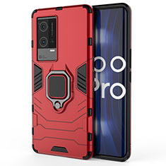 Silikon Hülle Handyhülle und Kunststoff Schutzhülle Hartschalen Tasche mit Magnetisch Fingerring Ständer S01 für Vivo iQOO 8 Pro 5G Rot