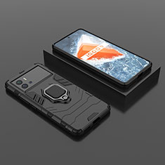 Silikon Hülle Handyhülle und Kunststoff Schutzhülle Hartschalen Tasche mit Magnetisch Fingerring Ständer S01 für Vivo iQOO 9 5G Schwarz