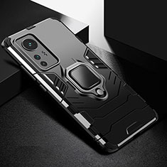 Silikon Hülle Handyhülle und Kunststoff Schutzhülle Hartschalen Tasche mit Magnetisch Fingerring Ständer S01 für Xiaomi Mi 12 Lite 5G Schwarz