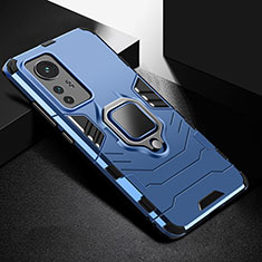 Silikon Hülle Handyhülle und Kunststoff Schutzhülle Hartschalen Tasche mit Magnetisch Fingerring Ständer S01 für Xiaomi Mi 12 Pro 5G Blau