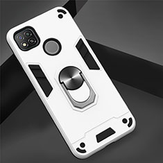 Silikon Hülle Handyhülle und Kunststoff Schutzhülle Hartschalen Tasche mit Magnetisch Fingerring Ständer S01 für Xiaomi Redmi 9 India Weiß