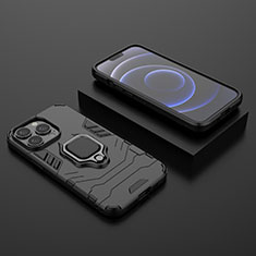 Silikon Hülle Handyhülle und Kunststoff Schutzhülle Hartschalen Tasche mit Magnetisch Fingerring Ständer S02 für Apple iPhone 13 Pro Max Schwarz
