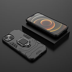 Silikon Hülle Handyhülle und Kunststoff Schutzhülle Hartschalen Tasche mit Magnetisch Fingerring Ständer S02 für Apple iPhone 13 Schwarz