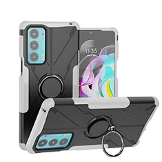 Silikon Hülle Handyhülle und Kunststoff Schutzhülle Hartschalen Tasche mit Magnetisch Fingerring Ständer S02 für Motorola Moto Edge Lite 5G Weiß