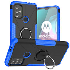 Silikon Hülle Handyhülle und Kunststoff Schutzhülle Hartschalen Tasche mit Magnetisch Fingerring Ständer S02 für Motorola Moto G10 Blau