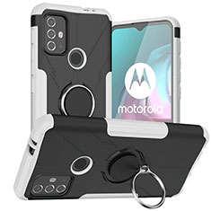 Silikon Hülle Handyhülle und Kunststoff Schutzhülle Hartschalen Tasche mit Magnetisch Fingerring Ständer S02 für Motorola Moto G10 Power Weiß