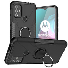 Silikon Hülle Handyhülle und Kunststoff Schutzhülle Hartschalen Tasche mit Magnetisch Fingerring Ständer S02 für Motorola Moto G10 Schwarz