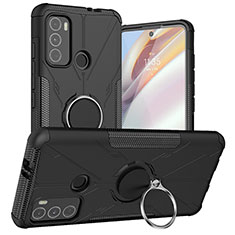 Silikon Hülle Handyhülle und Kunststoff Schutzhülle Hartschalen Tasche mit Magnetisch Fingerring Ständer S02 für Motorola Moto G40 Fusion Schwarz