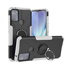 Silikon Hülle Handyhülle und Kunststoff Schutzhülle Hartschalen Tasche mit Magnetisch Fingerring Ständer S02 für Motorola Moto G50 Weiß