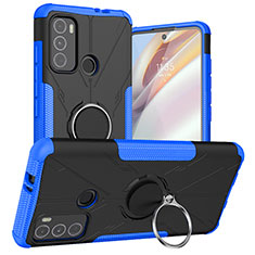 Silikon Hülle Handyhülle und Kunststoff Schutzhülle Hartschalen Tasche mit Magnetisch Fingerring Ständer S02 für Motorola Moto G60 Blau