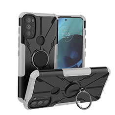 Silikon Hülle Handyhülle und Kunststoff Schutzhülle Hartschalen Tasche mit Magnetisch Fingerring Ständer S02 für Motorola Moto G71 5G Weiß