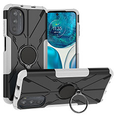 Silikon Hülle Handyhülle und Kunststoff Schutzhülle Hartschalen Tasche mit Magnetisch Fingerring Ständer S02 für Motorola Moto G71s 5G Weiß