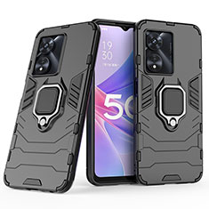 Silikon Hülle Handyhülle und Kunststoff Schutzhülle Hartschalen Tasche mit Magnetisch Fingerring Ständer S02 für Oppo A58 5G Schwarz