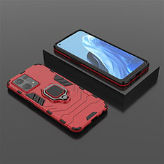 Silikon Hülle Handyhülle und Kunststoff Schutzhülle Hartschalen Tasche mit Magnetisch Fingerring Ständer S02 für Oppo Reno7 4G Rot