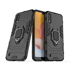 Silikon Hülle Handyhülle und Kunststoff Schutzhülle Hartschalen Tasche mit Magnetisch Fingerring Ständer S02 für Samsung Galaxy A01 SM-A015 Schwarz