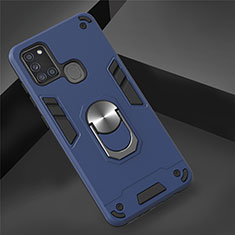 Silikon Hülle Handyhülle und Kunststoff Schutzhülle Hartschalen Tasche mit Magnetisch Fingerring Ständer S02 für Samsung Galaxy A21s Blau