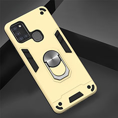 Silikon Hülle Handyhülle und Kunststoff Schutzhülle Hartschalen Tasche mit Magnetisch Fingerring Ständer S02 für Samsung Galaxy A21s Gold