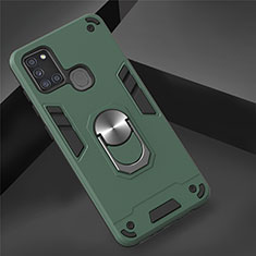 Silikon Hülle Handyhülle und Kunststoff Schutzhülle Hartschalen Tasche mit Magnetisch Fingerring Ständer S02 für Samsung Galaxy A21s Grün