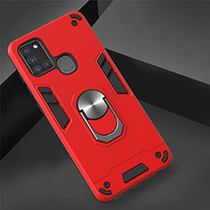 Silikon Hülle Handyhülle und Kunststoff Schutzhülle Hartschalen Tasche mit Magnetisch Fingerring Ständer S02 für Samsung Galaxy A21s Rot