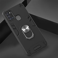 Silikon Hülle Handyhülle und Kunststoff Schutzhülle Hartschalen Tasche mit Magnetisch Fingerring Ständer S02 für Samsung Galaxy A21s Schwarz