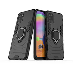 Silikon Hülle Handyhülle und Kunststoff Schutzhülle Hartschalen Tasche mit Magnetisch Fingerring Ständer S02 für Samsung Galaxy A31 Schwarz
