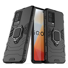 Silikon Hülle Handyhülle und Kunststoff Schutzhülle Hartschalen Tasche mit Magnetisch Fingerring Ständer S02 für Vivo iQOO 8 5G Schwarz