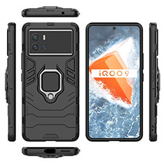 Silikon Hülle Handyhülle und Kunststoff Schutzhülle Hartschalen Tasche mit Magnetisch Fingerring Ständer S03 für Vivo iQOO 9 Pro 5G Schwarz
