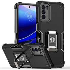 Silikon Hülle Handyhülle und Kunststoff Schutzhülle Hartschalen Tasche mit Magnetisch Fingerring Ständer S05 für Motorola Moto G 5G (2022) Schwarz