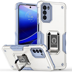 Silikon Hülle Handyhülle und Kunststoff Schutzhülle Hartschalen Tasche mit Magnetisch Fingerring Ständer S05 für Motorola Moto G 5G (2022) Weiß
