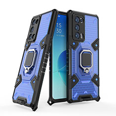 Silikon Hülle Handyhülle und Kunststoff Schutzhülle Hartschalen Tasche mit Magnetisch Fingerring Ständer S05 für Oppo Reno6 Pro+ Plus 5G Blau