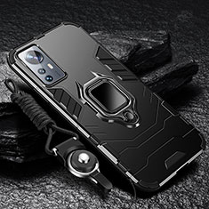 Silikon Hülle Handyhülle und Kunststoff Schutzhülle Hartschalen Tasche mit Magnetisch Fingerring Ständer S05 für Xiaomi Mi 12 5G Schwarz