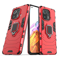 Silikon Hülle Handyhülle und Kunststoff Schutzhülle Hartschalen Tasche mit Magnetisch Fingerring Ständer S05K für Xiaomi Mi 11 Pro 5G Rot
