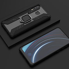 Silikon Hülle Handyhülle und Kunststoff Schutzhülle Hartschalen Tasche mit Magnetisch Fingerring Ständer S06 für Samsung Galaxy M30 Schwarz