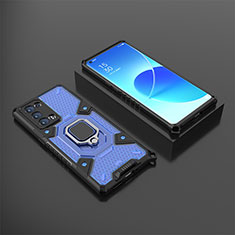 Silikon Hülle Handyhülle und Kunststoff Schutzhülle Hartschalen Tasche mit Magnetisch Fingerring Ständer S07 für Oppo Reno6 Pro+ Plus 5G Blau