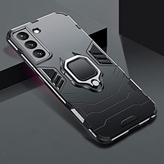 Silikon Hülle Handyhülle und Kunststoff Schutzhülle Hartschalen Tasche mit Magnetisch Fingerring Ständer S08 für Samsung Galaxy S21 Plus 5G Schwarz