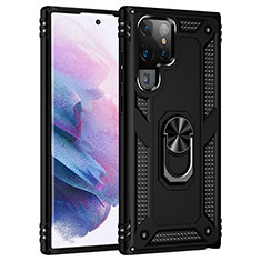 Silikon Hülle Handyhülle und Kunststoff Schutzhülle Hartschalen Tasche mit Magnetisch Fingerring Ständer T02 für Samsung Galaxy S23 Ultra 5G Schwarz